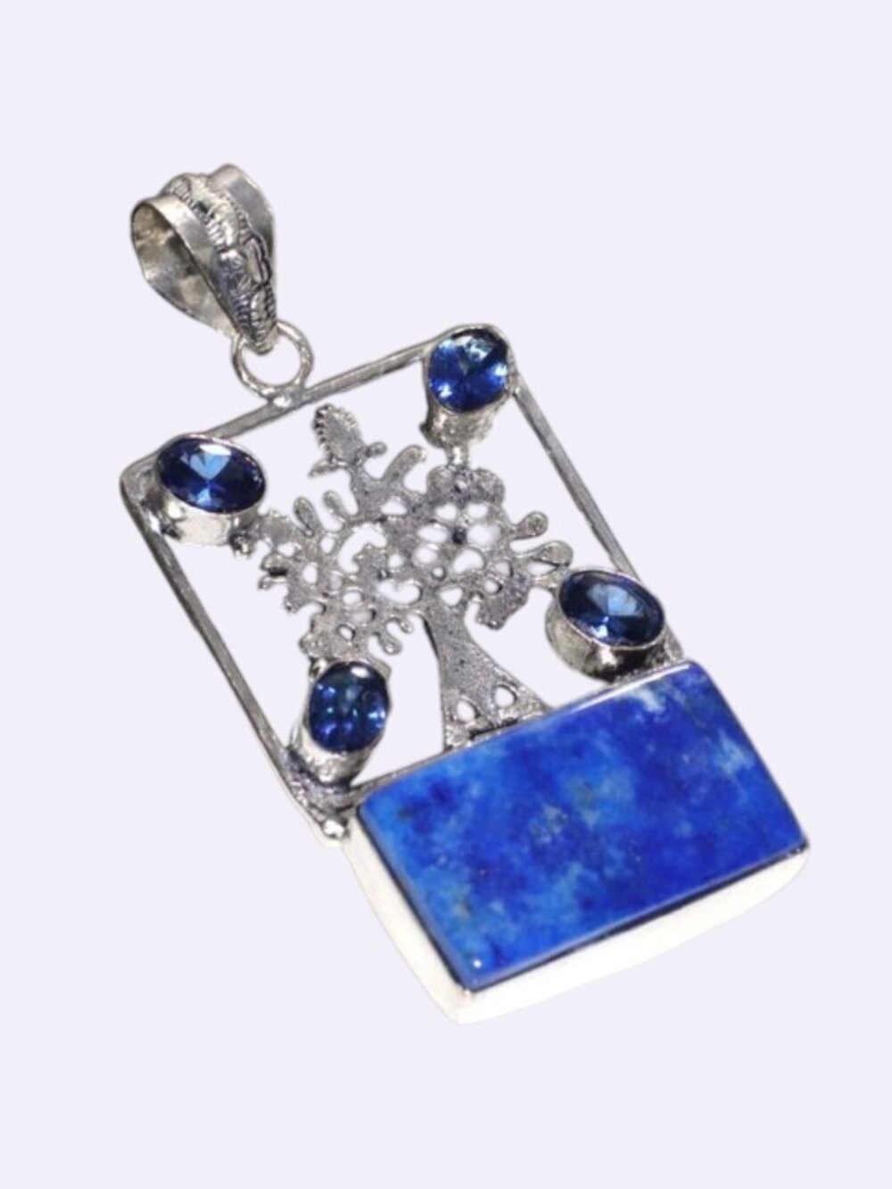 Long Tree of Life Lapis Lazuli Iolite Topaz 925 Silver Plated Pendant 2.5"